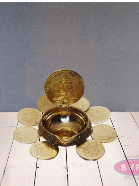 Brass 9 Coins Ashtalakshmi Kubera Oil Lamp Diya / Vilakku