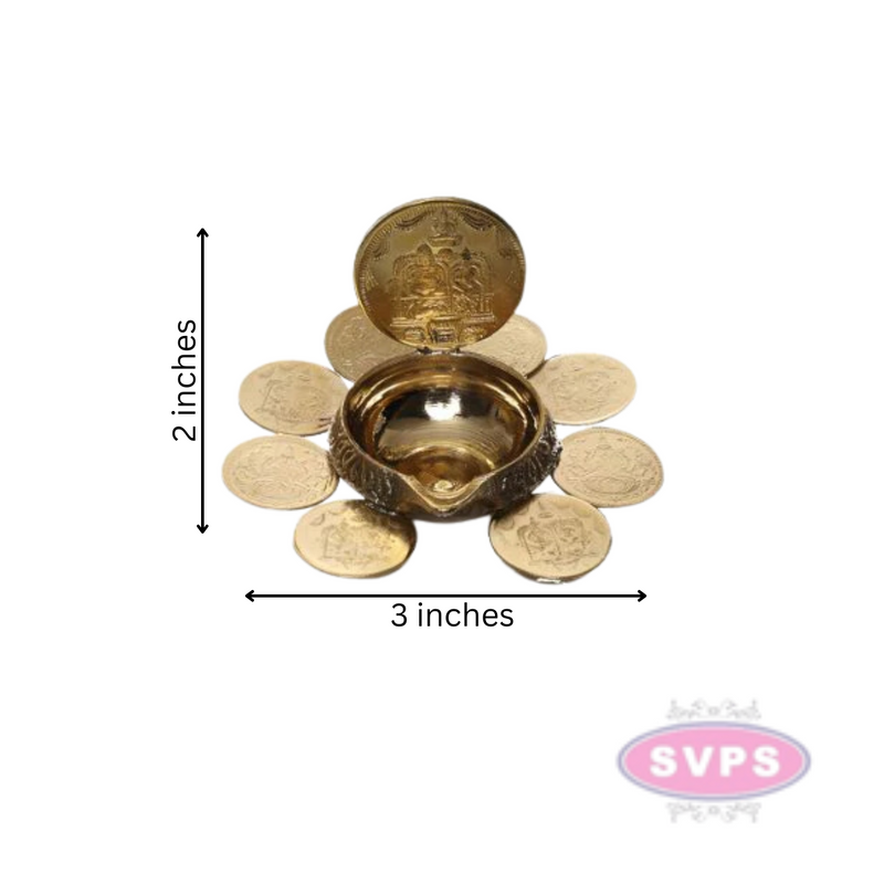 Brass 9 Coins Ashtalakshmi Kubera Oil Lamp Diya / Vilakku