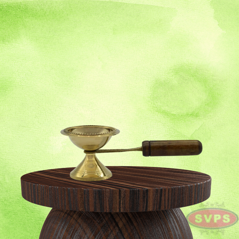 Brass Aarti Lamp / Dhoop Stand With Wooden Handle