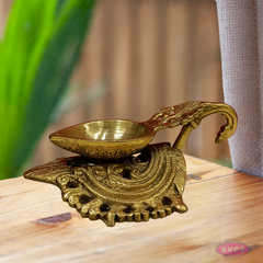 Brass Antique Lotus Diya With Floral Stand