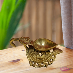 Brass Antique Lotus Diya With Floral Stand
