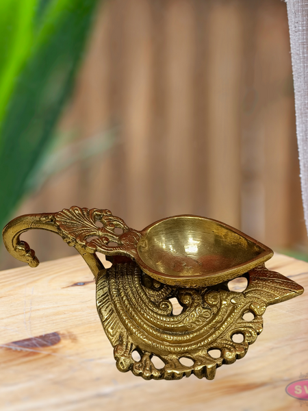 Brass Antique Lotus Diya With Floral Stand