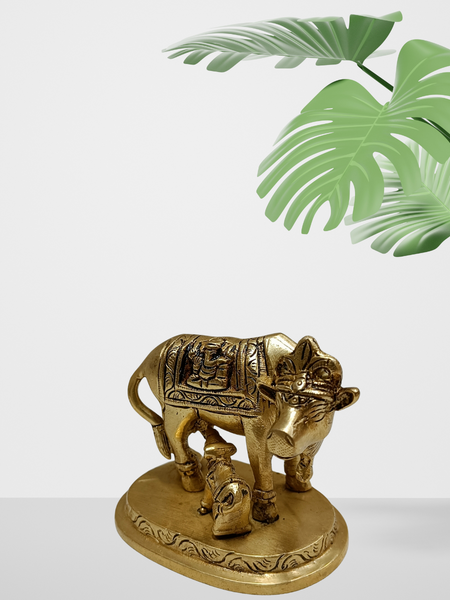 Brass Cow and Calf With Embossed Ganesh And Lakshmi