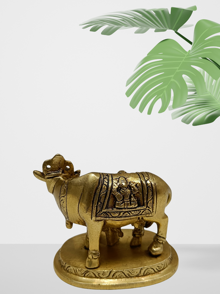 Brass Cow and Calf With Embossed Ganesh And Lakshmi