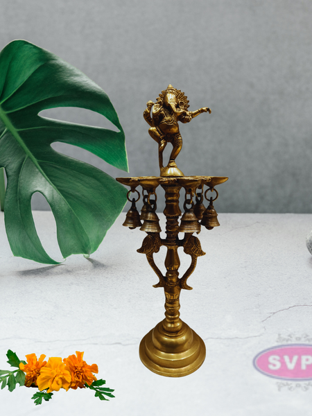 Brass Dancing Ganesha Diya with Bells For Puja Room