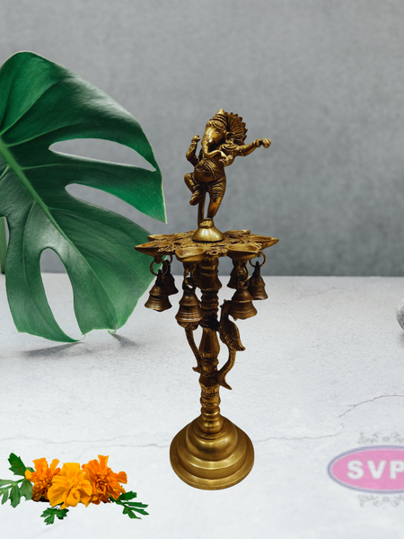 Brass Dancing Ganesha Diya with Bells For Puja Room