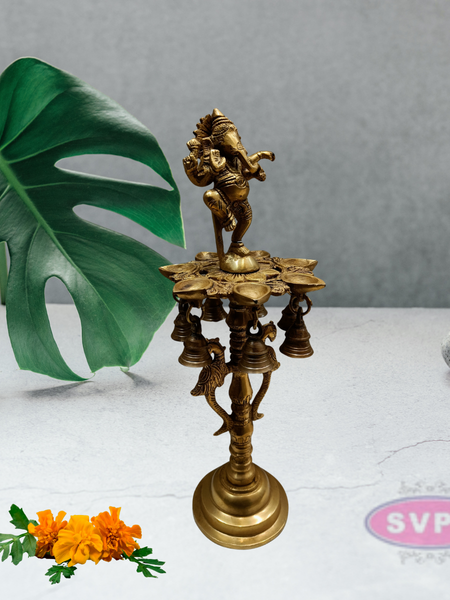 Brass Dancing Ganesha Diya with Bells For Puja Room