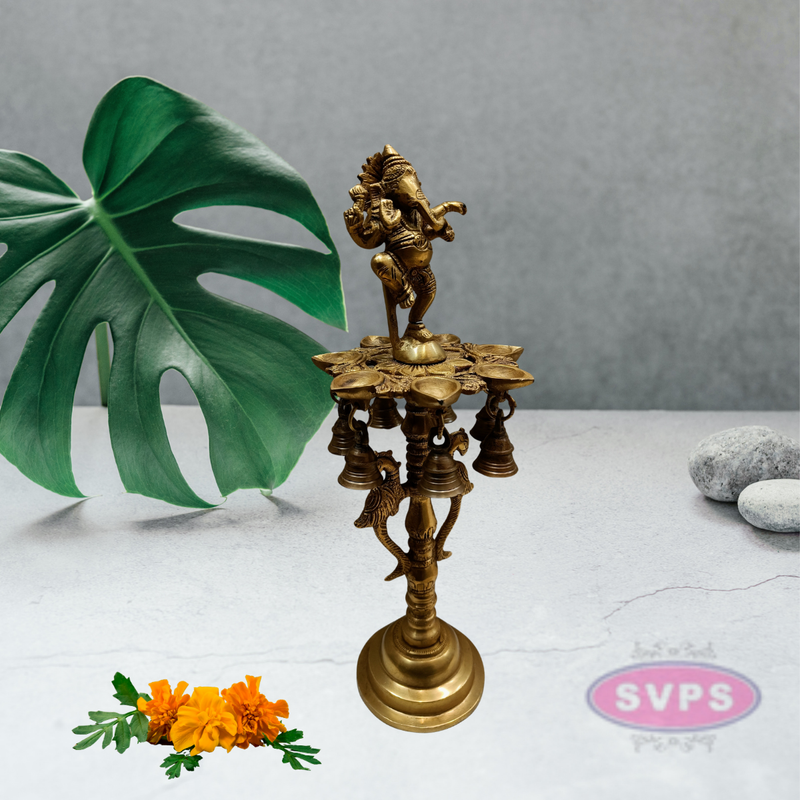 Brass Dancing Ganesha Diya with Bells For Puja Room