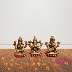 Brass Ganesh Lakshmi Saraswati Idol Set  3 Inches