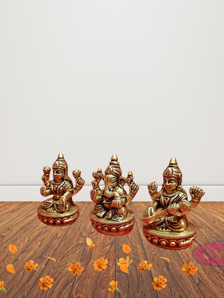 Brass Ganesh Lakshmi Saraswati Idol Set  3 Inches