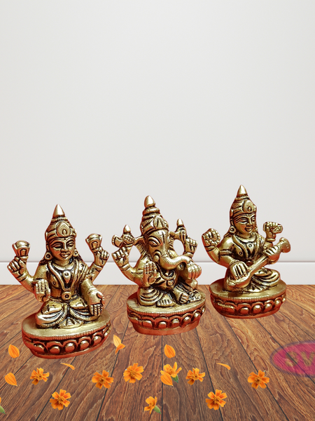 Brass Ganesh Lakshmi Saraswati Idol Set  3 Inches