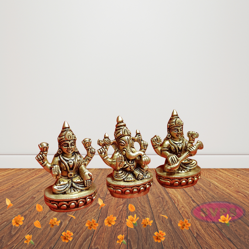 Brass Ganesh Lakshmi Saraswati Idol Set  3 Inches