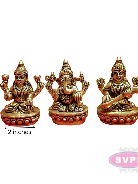 Brass Ganesh Lakshmi Saraswati Idol Set  3 Inches