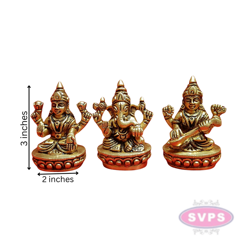Brass Ganesh Lakshmi Saraswati Idol Set  3 Inches
