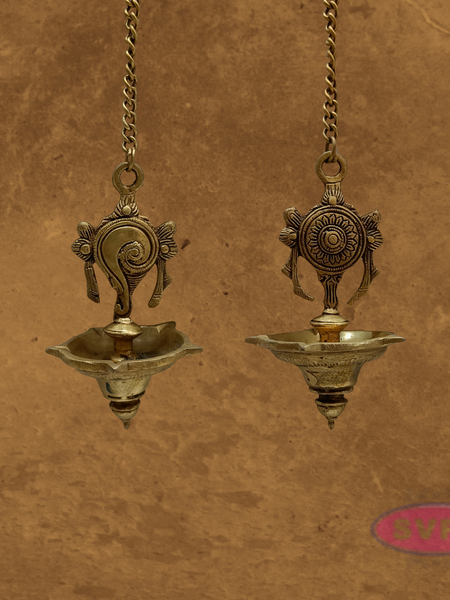 Brass Hanging Shanku Chakra Oil Lamp / 5 Face Diya / Villaku Set With Chain