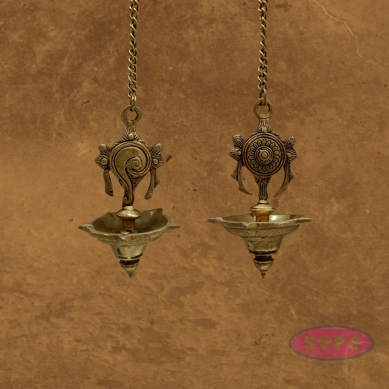Brass Hanging Shanku Chakra Oil Lamp / 5 Face Diya / Villaku Set With Chain