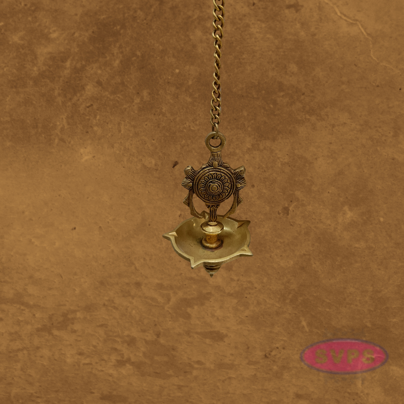 Brass Hanging Shanku Chakra Oil Lamp / 5 Face Diya / Villaku Set With Chain