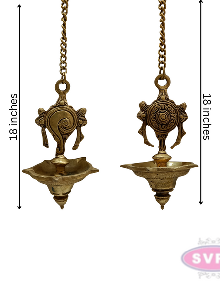 Brass Hanging Shanku Chakra Oil Lamp / 5 Face Diya / Villaku Set With Chain