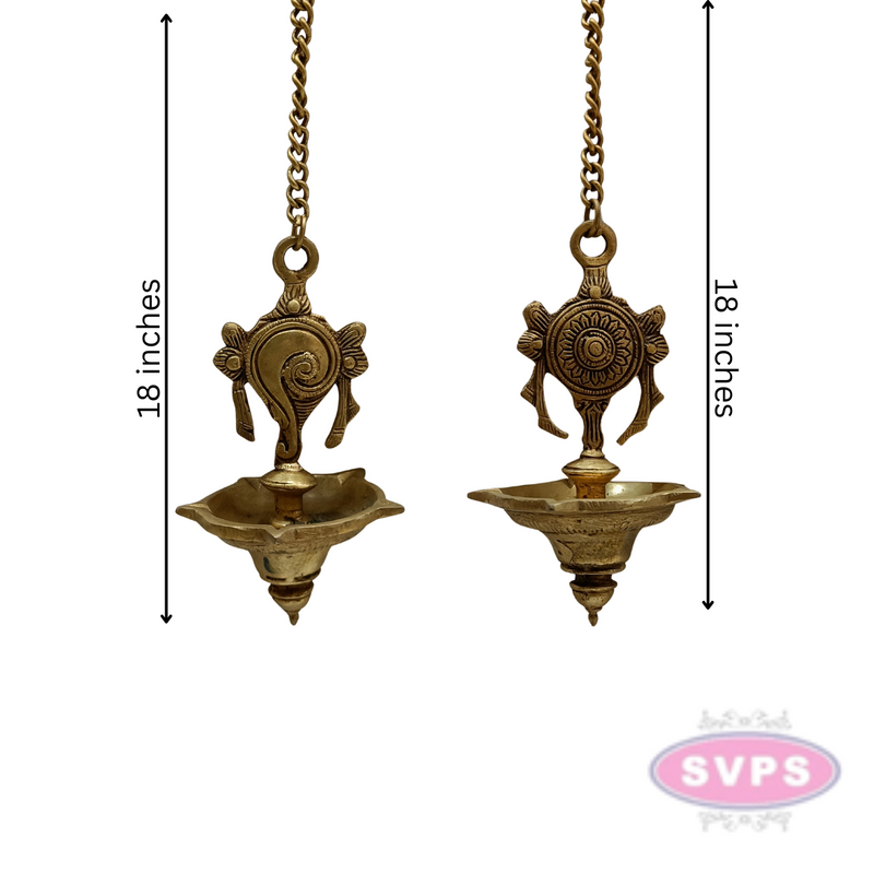 Brass Hanging Shanku Chakra Oil Lamp / 5 Face Diya / Villaku Set With Chain