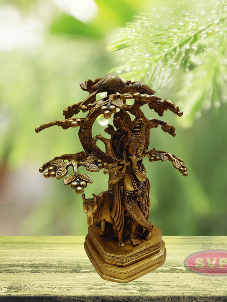 Brass Krishna With Cow Under Kadamba Tree