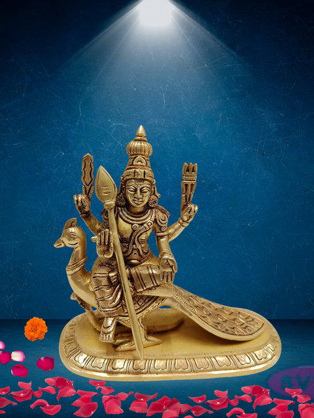 Brass Lord Murugan / Kartikeya Seated on Peacock Idol