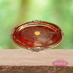 Oval Floral Engraved Brass Plate – Traditional Decorative Pooja & Serving Tray