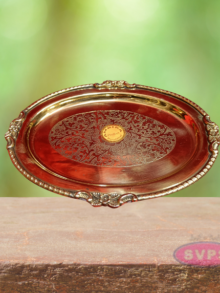 Oval Floral Engraved Brass Plate – Traditional Decorative Pooja & Serving Tray
