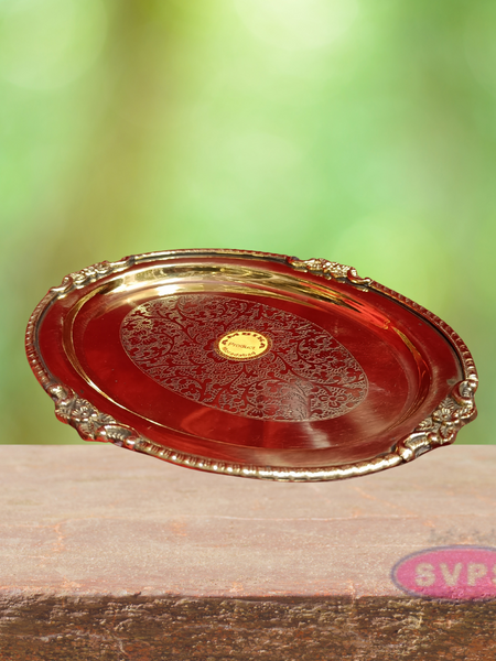 Oval Floral Engraved Brass Plate – Traditional Decorative Pooja & Serving Tray