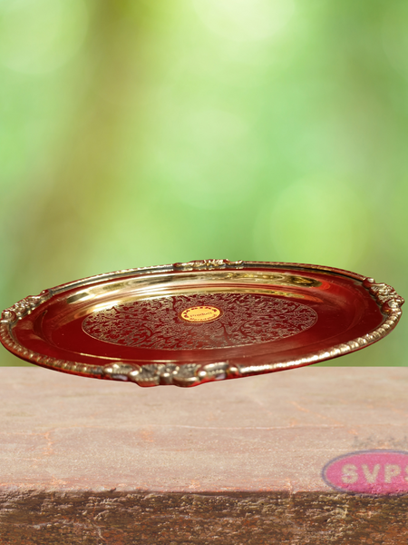 Oval Floral Engraved Brass Plate – Traditional Decorative Pooja & Serving Tray