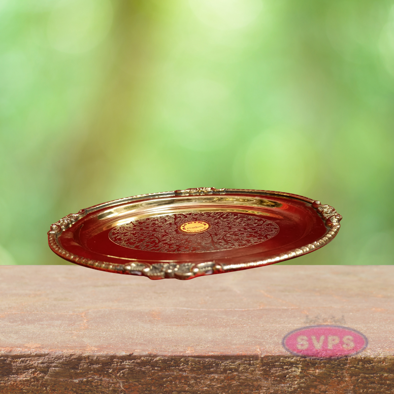 Oval Floral Engraved Brass Plate – Traditional Decorative Pooja & Serving Tray