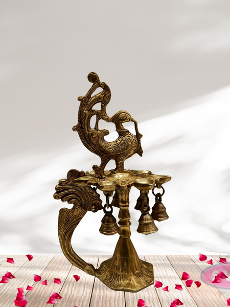 Brass Peacock Lamp with Handle And Bells