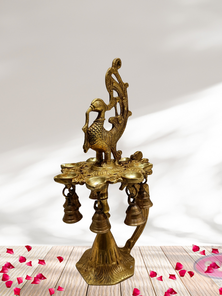 Brass Peacock Lamp with Handle And Bells