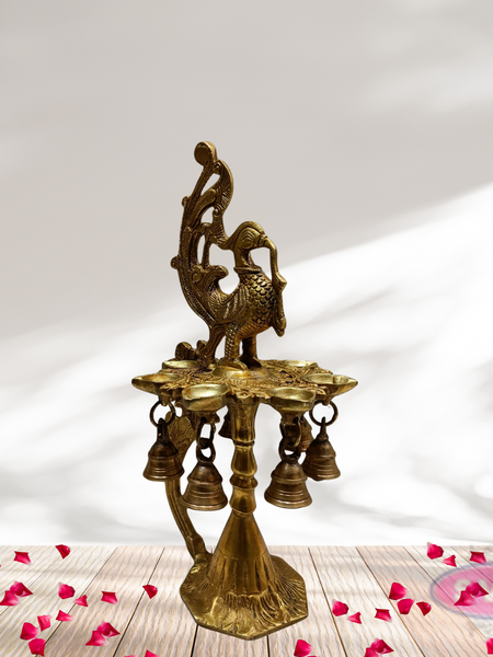 Brass Peacock Lamp with Handle And Bells