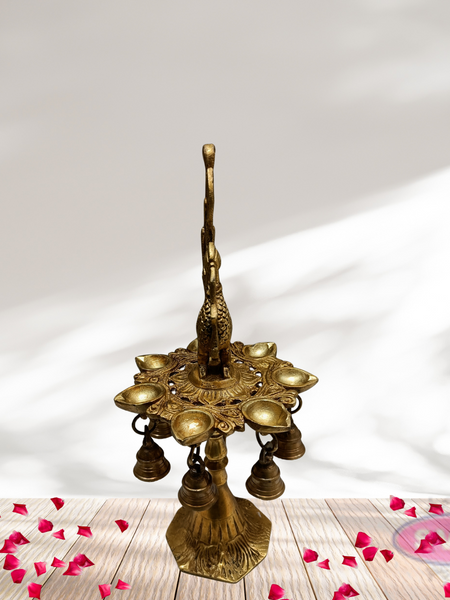 Brass Peacock Lamp with Handle And Bells