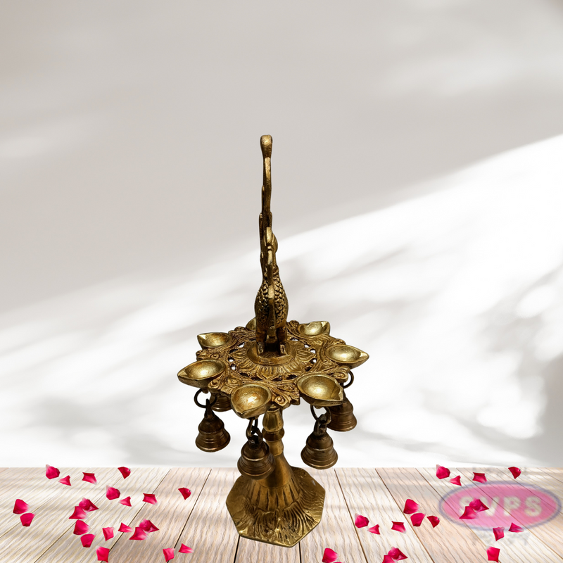 Brass Peacock Lamp with Handle And Bells