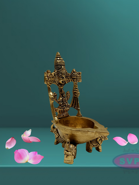 Brass Perumal Lakshmi With Elephant Base Diya / Villaku
