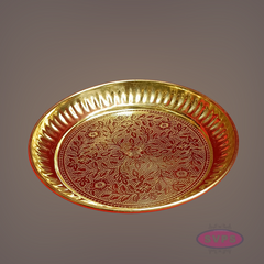 Golden Floral Engraved Brass Pooja Plate – Decorative Traditional Design