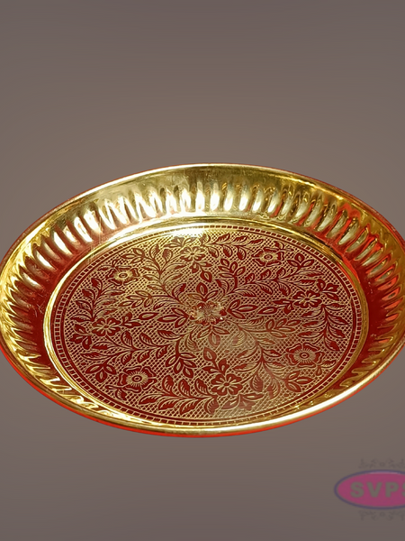 Golden Floral Engraved Brass Pooja Plate – Decorative Traditional Design