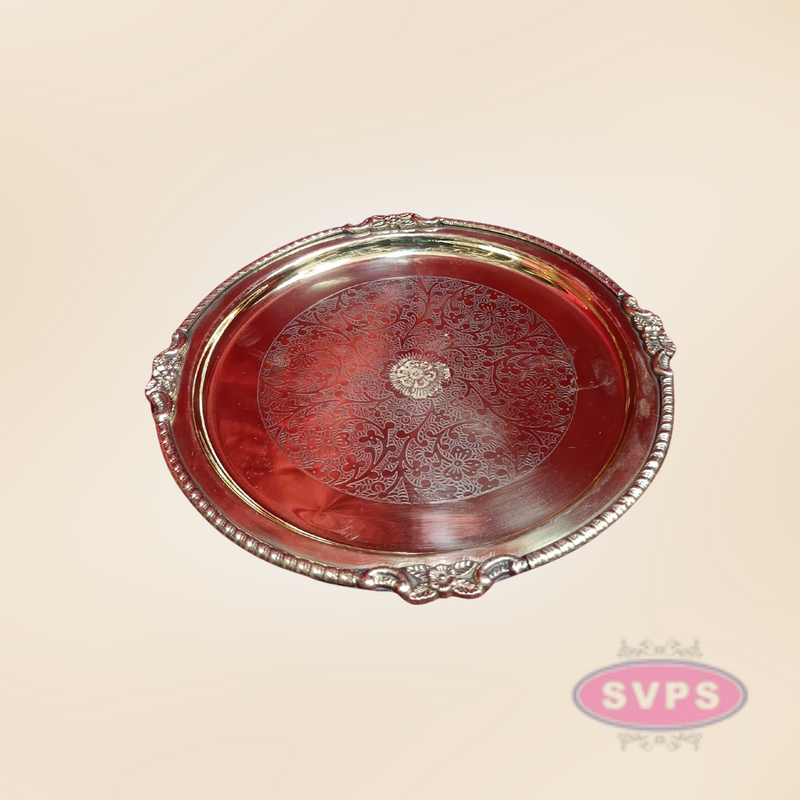 Round Shape Engraved Brass Pooja Plate – Decorative Traditional Design