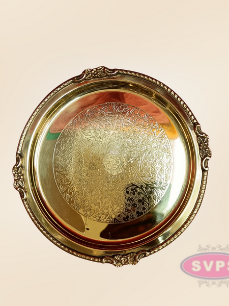 Round Shape Engraved Brass Pooja Plate – Decorative Traditional Design