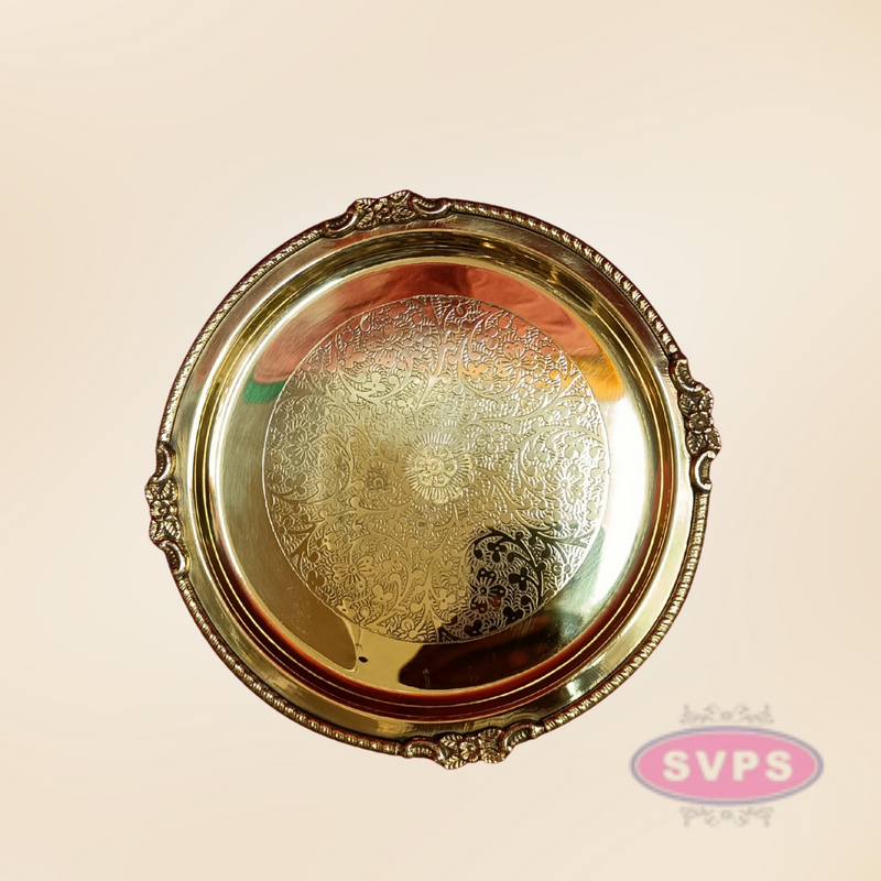 Round Shape Engraved Brass Pooja Plate – Decorative Traditional Design