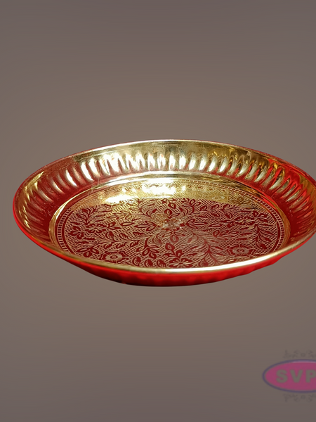 Golden Floral Engraved Brass Pooja Plate – Decorative Traditional Design
