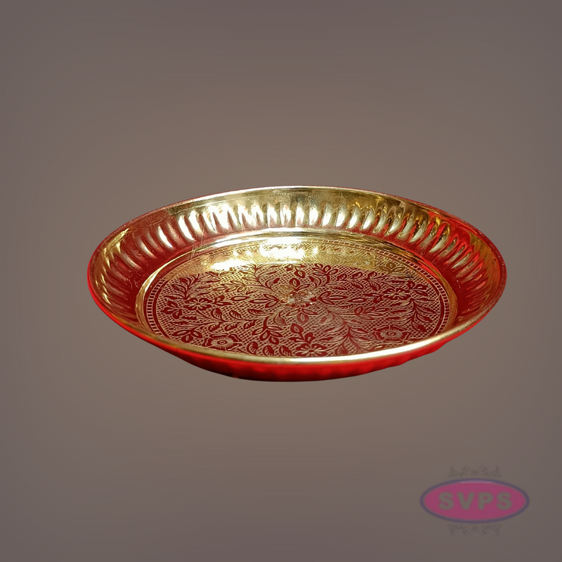 Golden Floral Engraved Brass Pooja Plate – Decorative Traditional Design