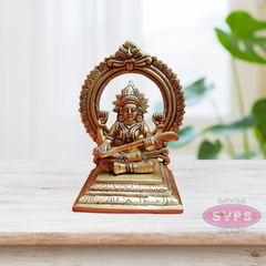 Brass Saraswathi Devi Sitting With Prabhavali / 7 Inches