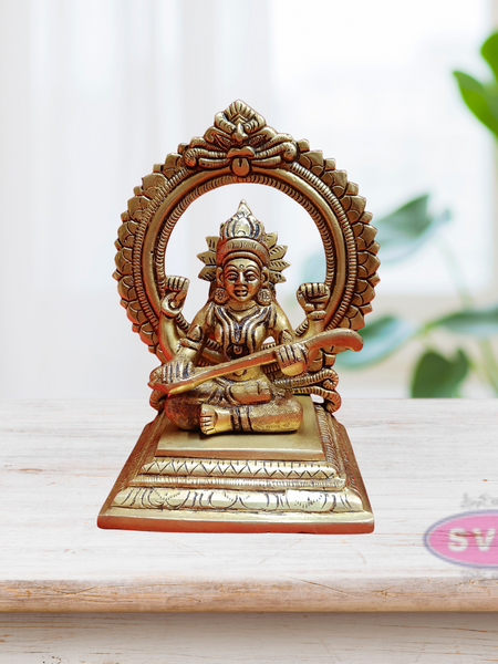 Brass Saraswathi Devi Sitting With Prabhavali / 7 Inches
