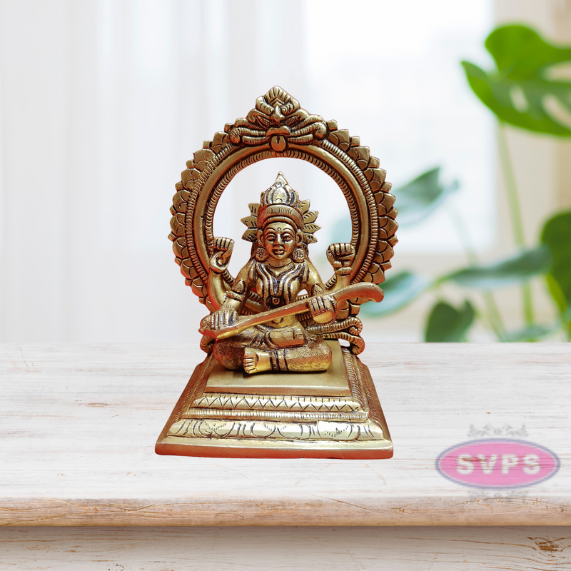 Brass Saraswathi Devi Sitting With Prabhavali / 7 Inches