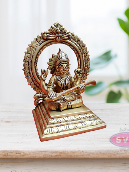 Brass Saraswathi Devi Sitting With Prabhavali / 7 Inches