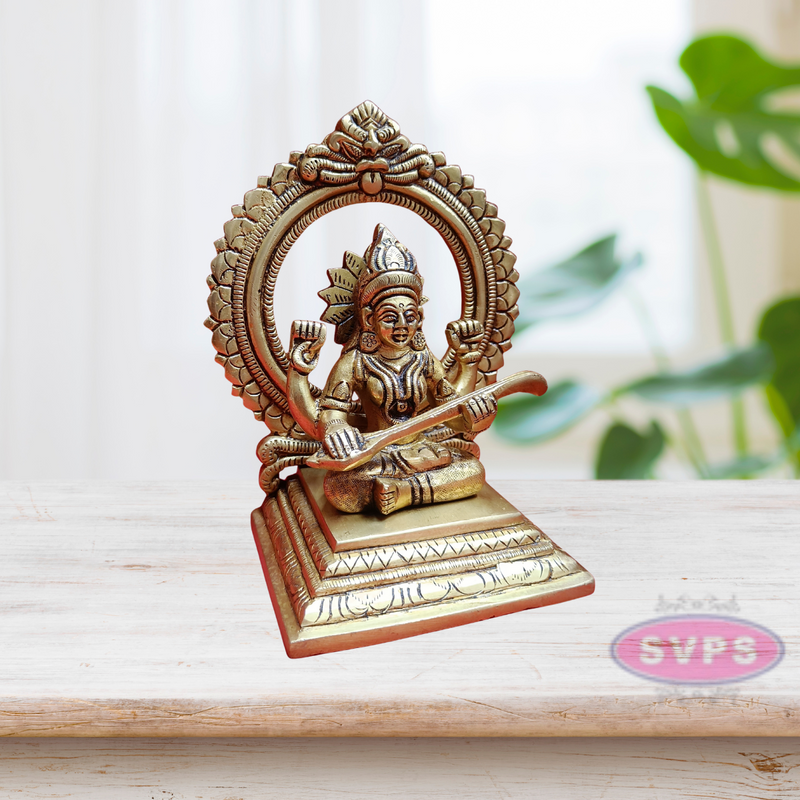 Brass Saraswathi Devi Sitting With Prabhavali / 7 Inches