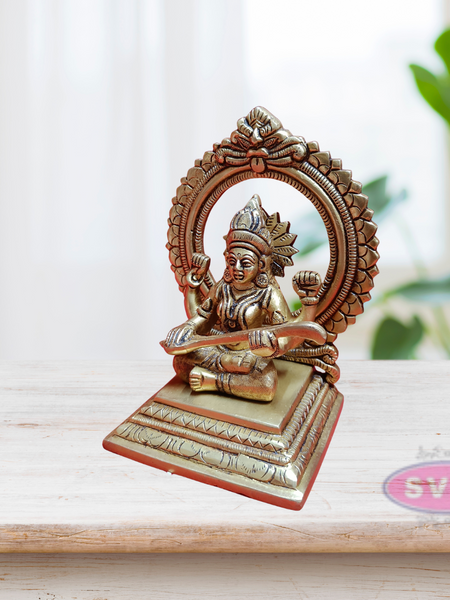 Brass Saraswathi Devi Sitting With Prabhavali / 7 Inches