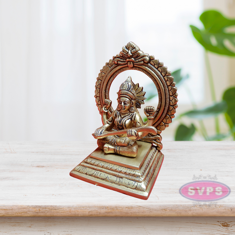 Brass Saraswathi Devi Sitting With Prabhavali / 7 Inches